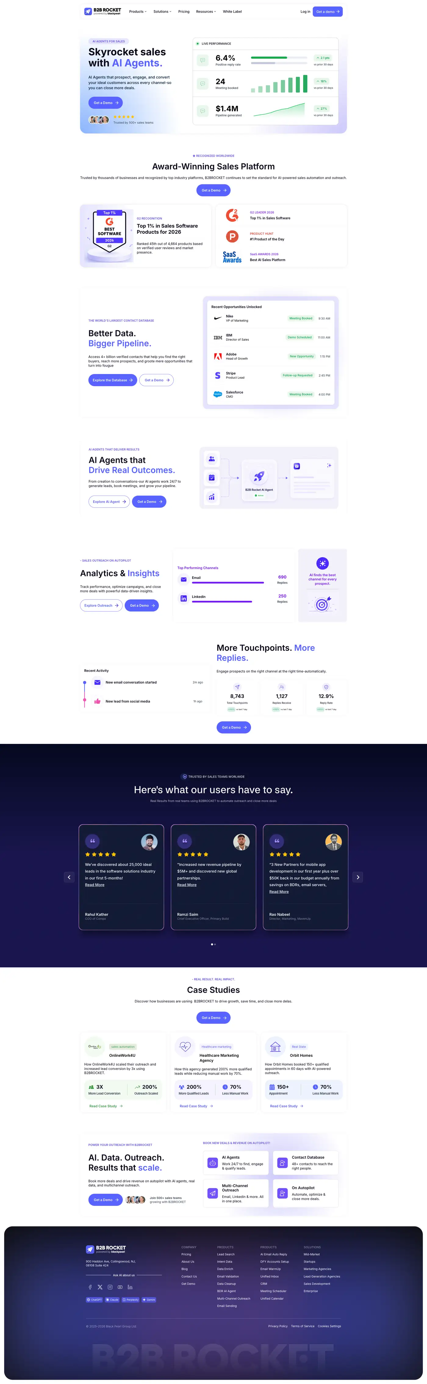 The full B2B Rocket homepage built in Webflow: hero with a live performance dashboard, G2 and Product Hunt awards, contact database feed, AI agent cards, analytics, dark testimonial band, case studies and footer