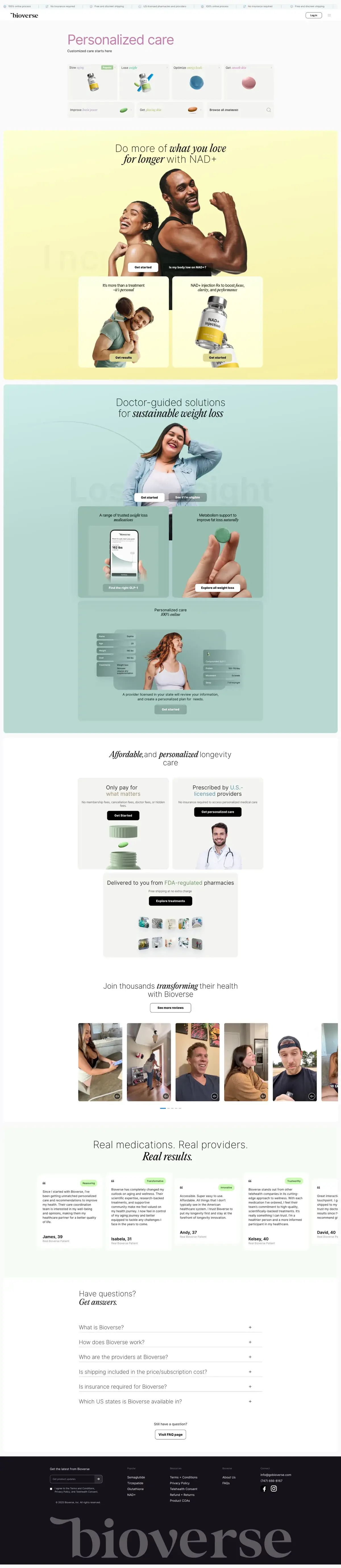 The full Bioverse homepage built in Webflow: trust ticker, rotating care headline, treatment picker, NAD+ and weight-loss sections, pricing and provider cards, video testimonial carousel, patient reviews, FAQ accordion and footer